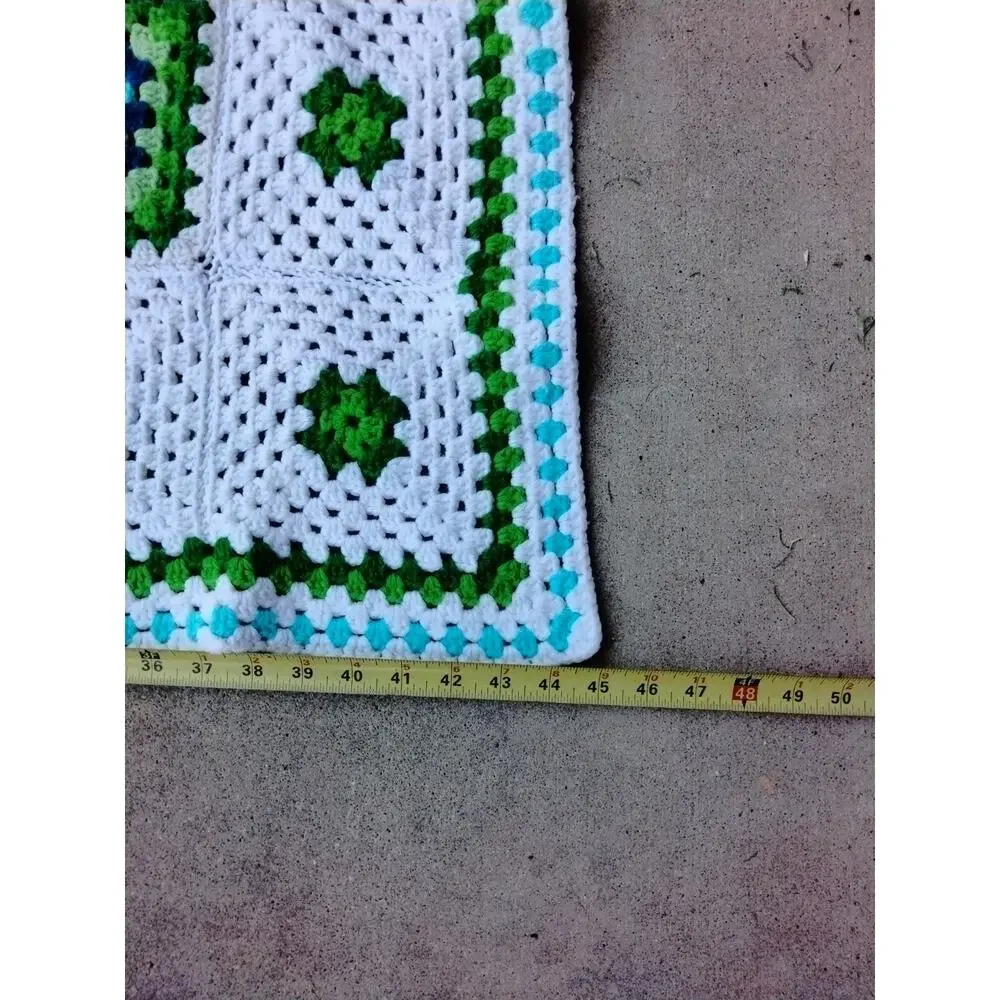 Handmade Crochet Granny Square Afghan Lap/sofa Blanket 60x45” Green Blue